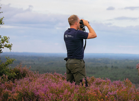 Staff member surveying with binoculars